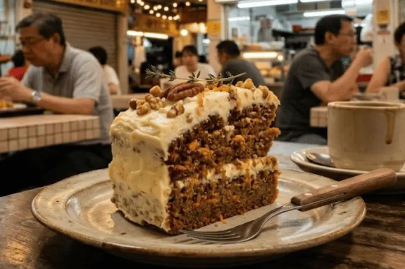 A thick, appetizing slice of carrot cake topped with cream cheese frosting, walnuts, a pecan, and a sprig of thyme, with a lively food center blurred in the background.
