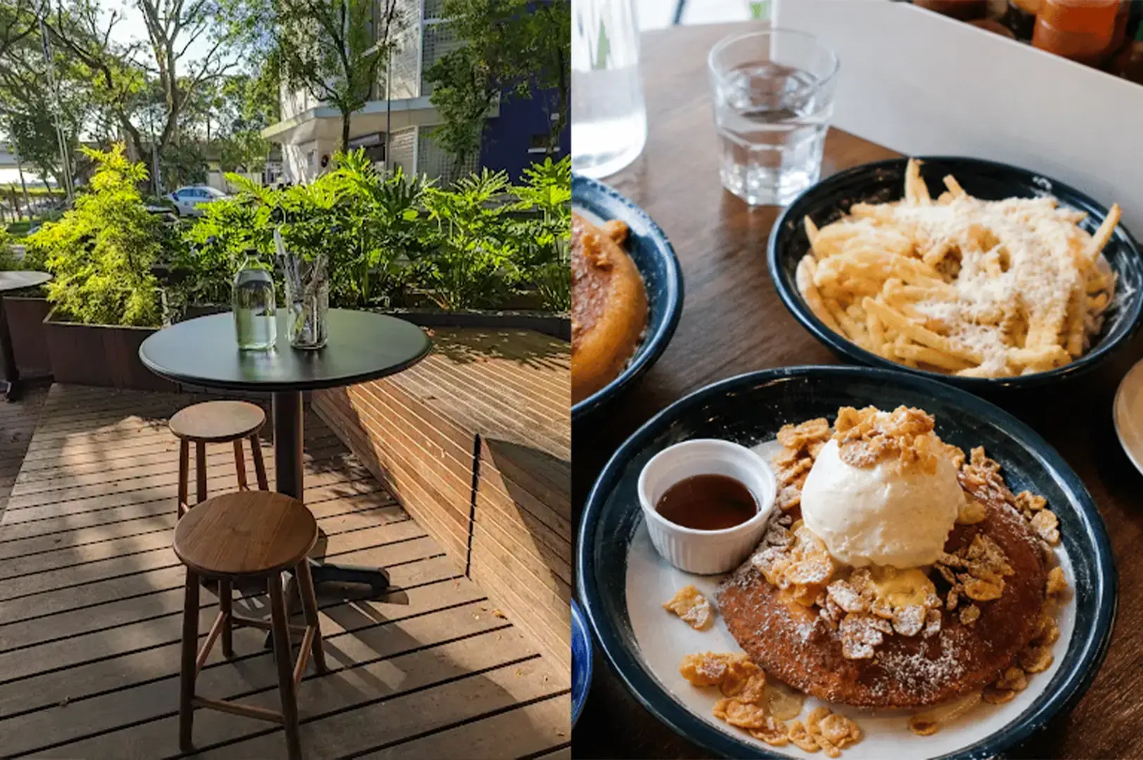 Atlas Coffeehouse outside dining table with a circular table and chairs and their menu items served in black round plates.