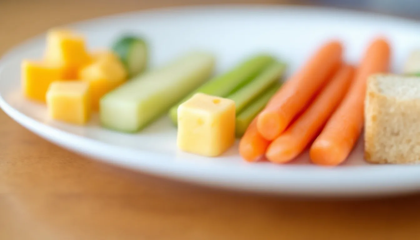 In the image, a variety of safe finger foods are neatly arranged on a plate, designed for babies to practice their pincer grasp with their thumb and index finger. These soft finger foods, which include small pieces of fruit and vegetables, help develop fine motor skills and encourage self-feeding as babies learn to manipulate objects with their fingers.
