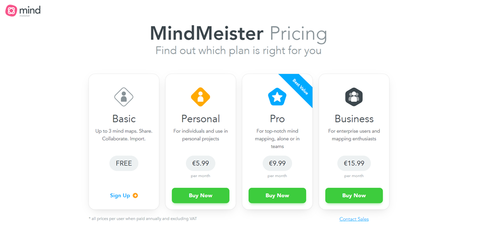 MindMeister's pricing page.