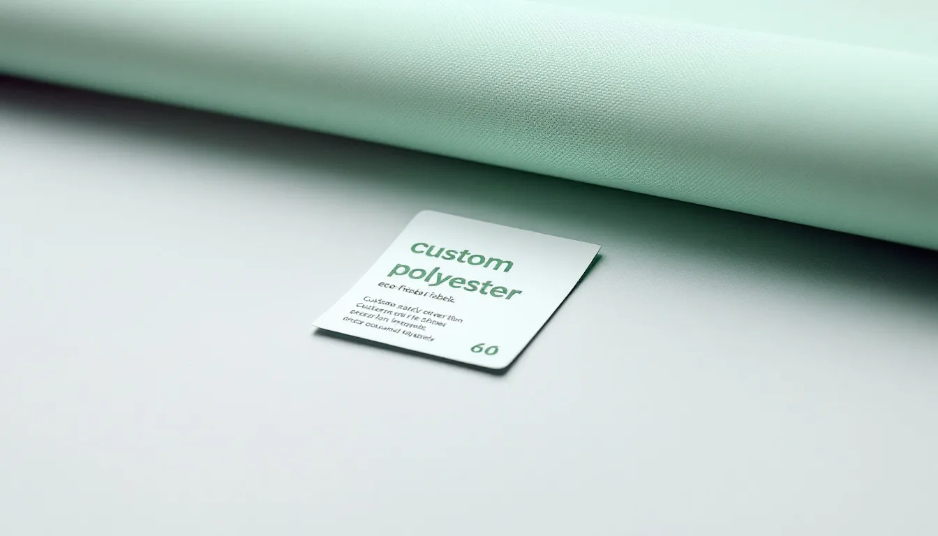 An eco-friendly label on a roll of custom polyester fabric emphasizing sustainability.