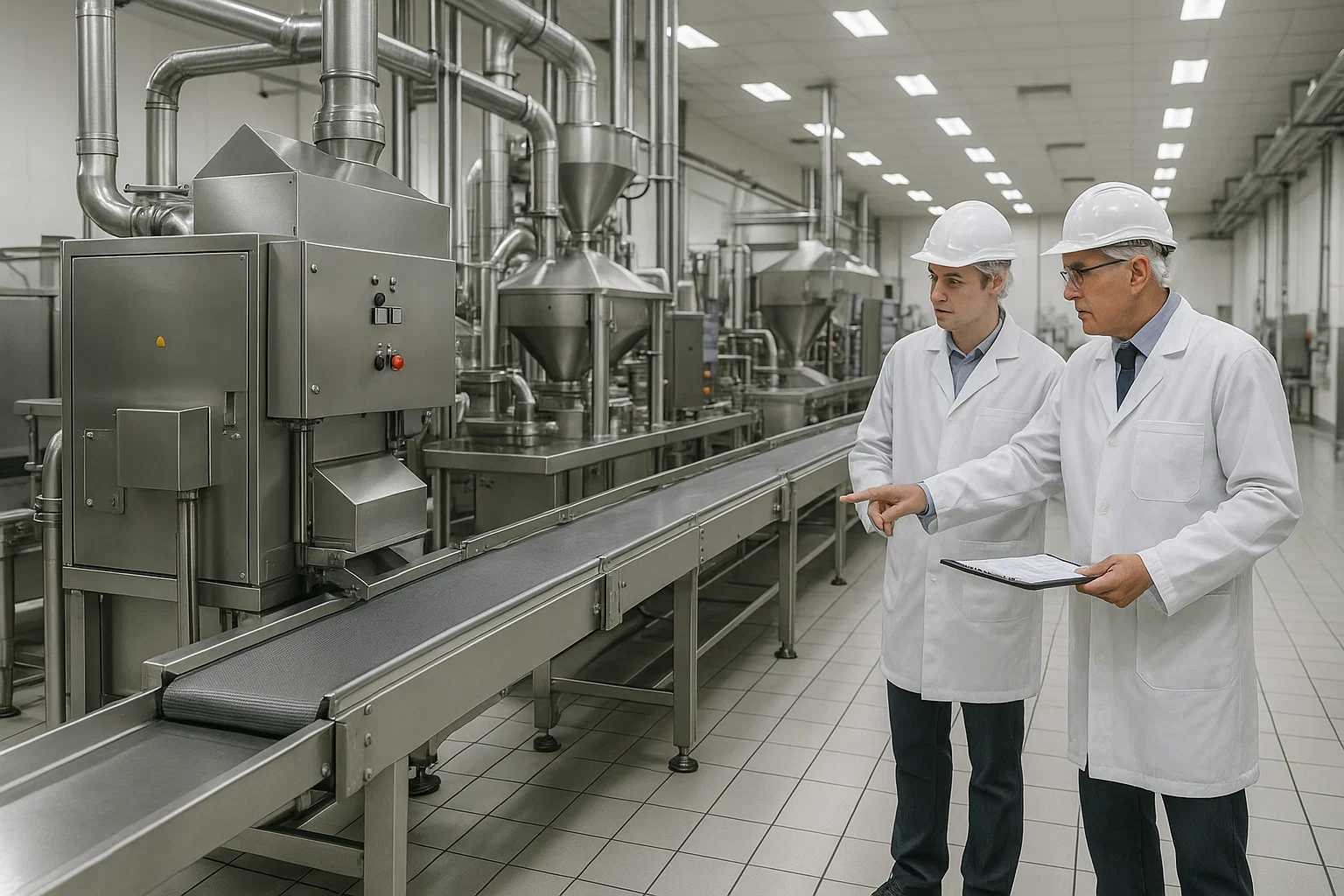Customised stainless steel food processing machinery integrated into a production line.