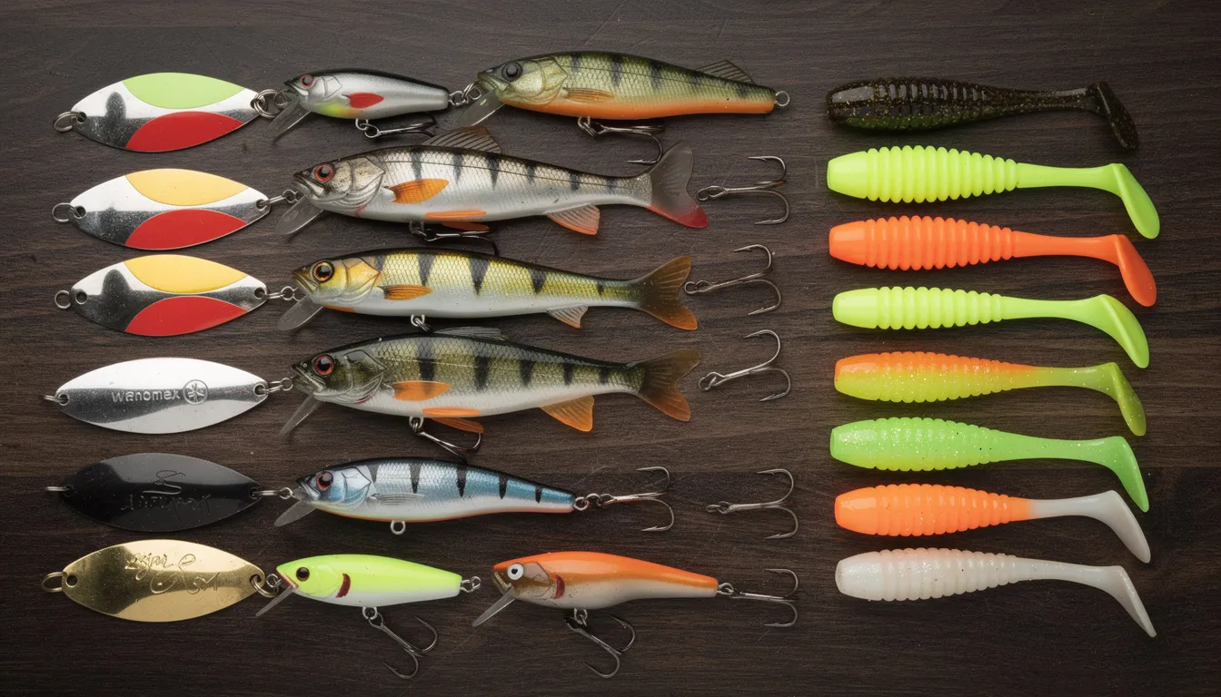 Na zdjęciu znajduje się kolekcja różnych sztucznych przynęt na szczupaka, w tym błystki obrotowe, woblery oraz gumowe przynęty w różnych kolorach. Te przynęty są niezbędne dla wędkarzy, którzy chcą skutecznie złowić szczupaka w wodach stojących i płynących.