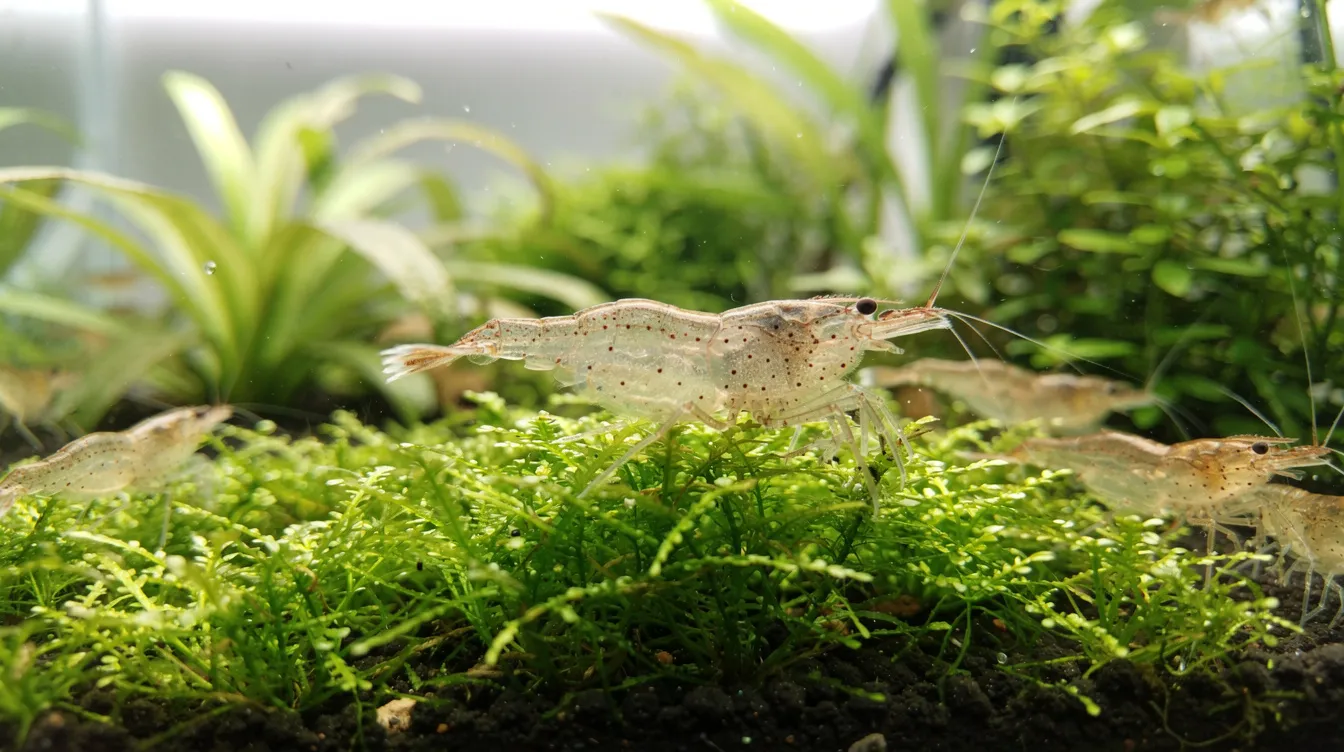 Extreme close up of Amano shrimp on moss in a planted aquarium