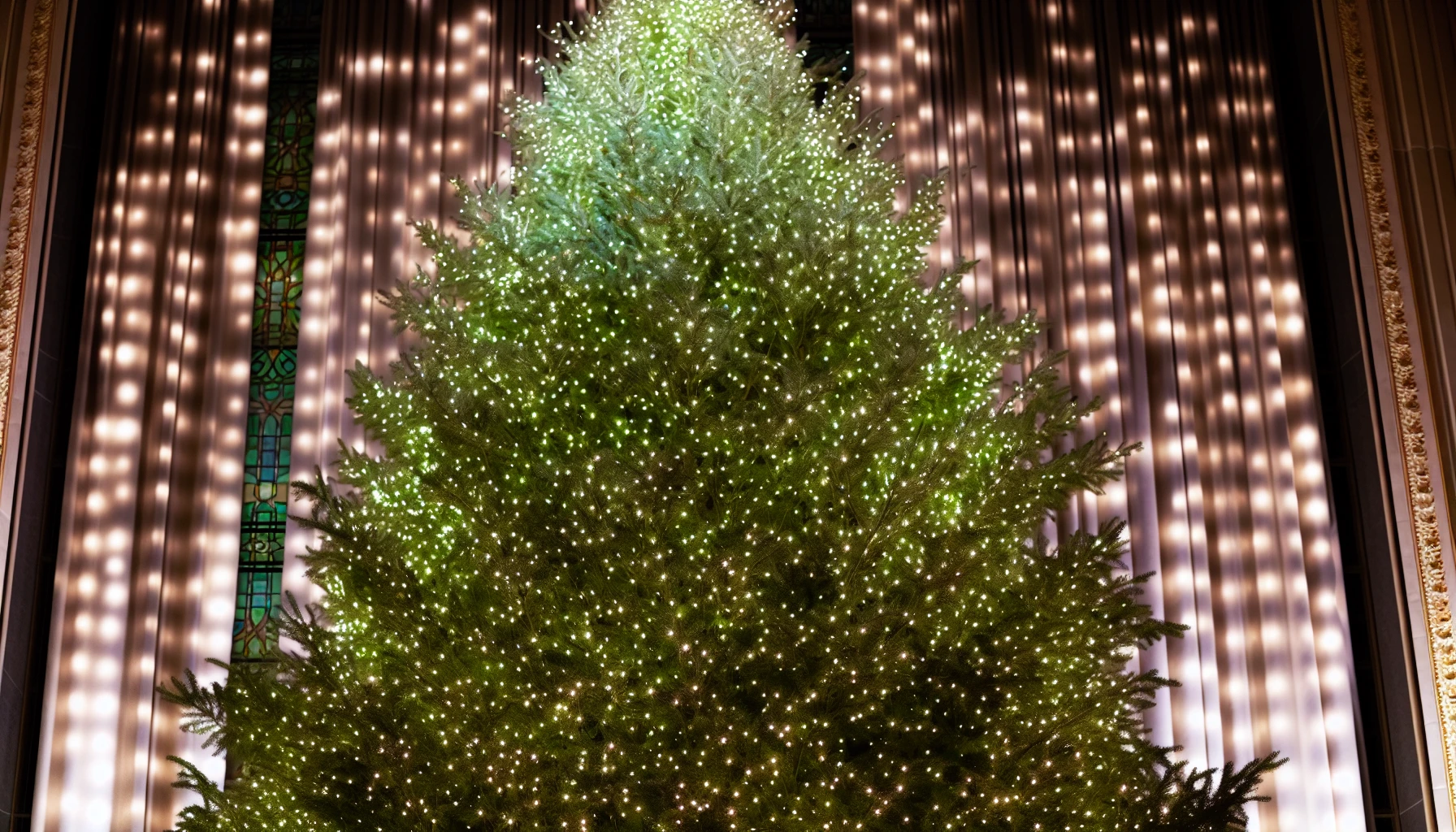 Luxurious King Fraser Fir Christmas tree adorned with warm LED lights