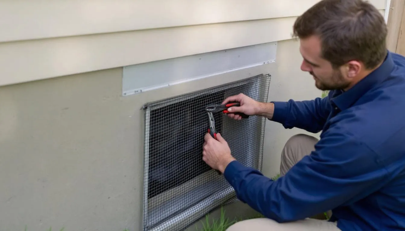 A professional technician is carefully installing hardware cloth over foundation vents to prevent rodent entry, ensuring effective rodent control for residential and commercial properties. This pest control service aims to seal potential entry points and minimize the risk of rodent infestations.
