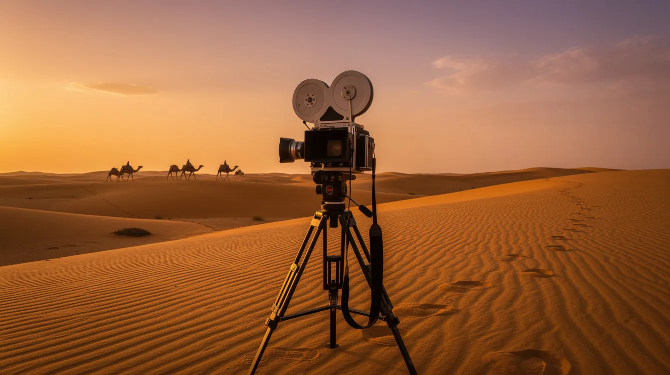 Eine Filmkamera steht auf einem Stativ vor einer weiten, goldenen Wüstenlandschaft, während die Sonne am Horizont untergeht. Im Hintergrund zieht eine Kamelkarawane langsam über die Sanddünen, was an die Abenteuerreisen in klassischen Abenteuerfilmen erinnert.