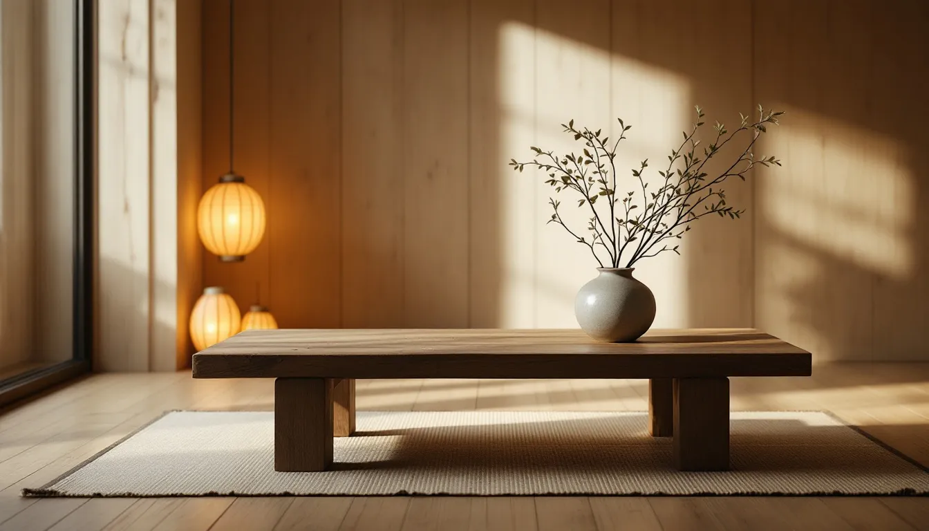 A cozy home interior reflecting wabi sabi aesthetics with natural materials and simplicity.