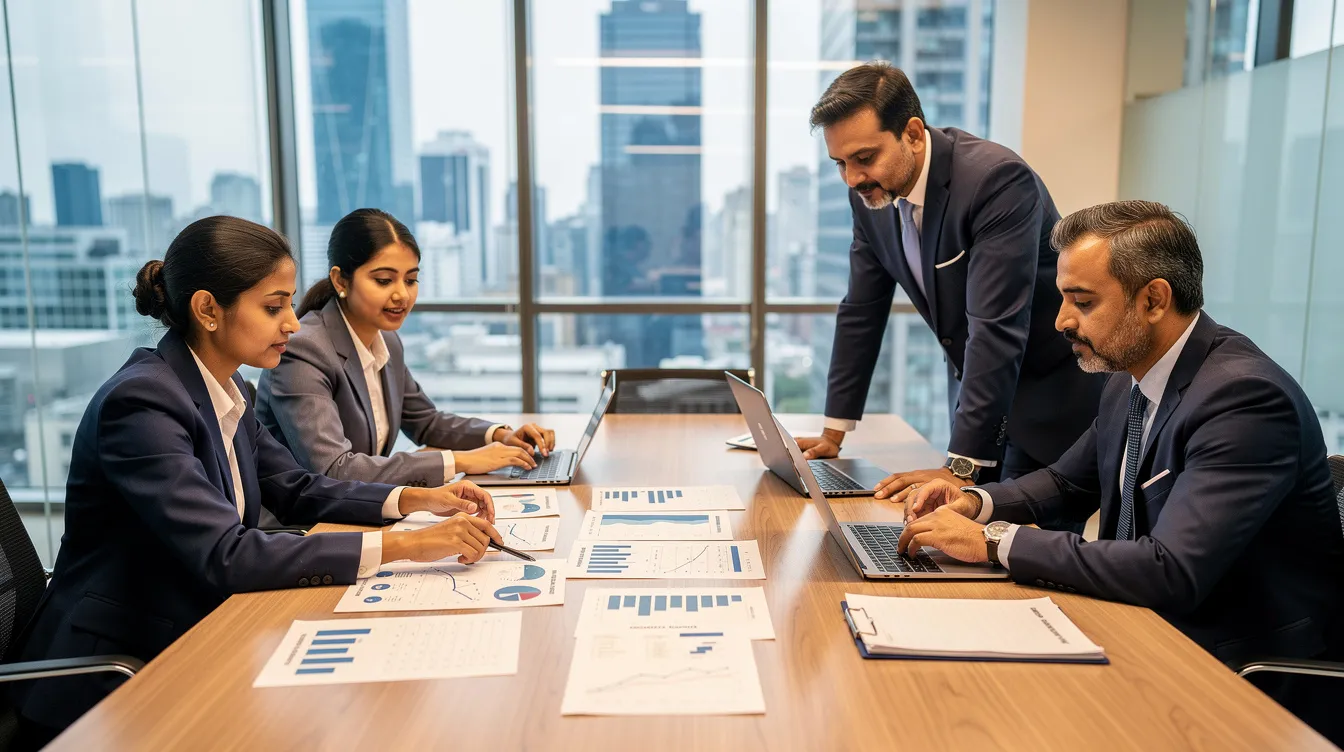The image depicts Indian business professionals engaged in a discussion while reviewing financial documents in a modern office setting, highlighting the importance of financial planning and investment opportunities for non-resident Indians (NRIs) in the global real estate market. Their focus on investment strategies reflects the growing interest in residential and commercial properties, as well as real estate investment trusts in India.
