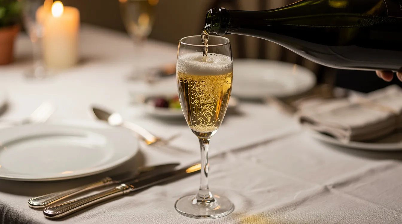 A bottle of sparkling wine is being elegantly poured into a flute glass at a beautifully set dinner table, showcasing a sophisticated atmosphere perfect for enjoying both alcoholic and alcohol-free options. The scene captures the essence of a festive gathering, highlighting the joy of sharing drinks with friends and family.