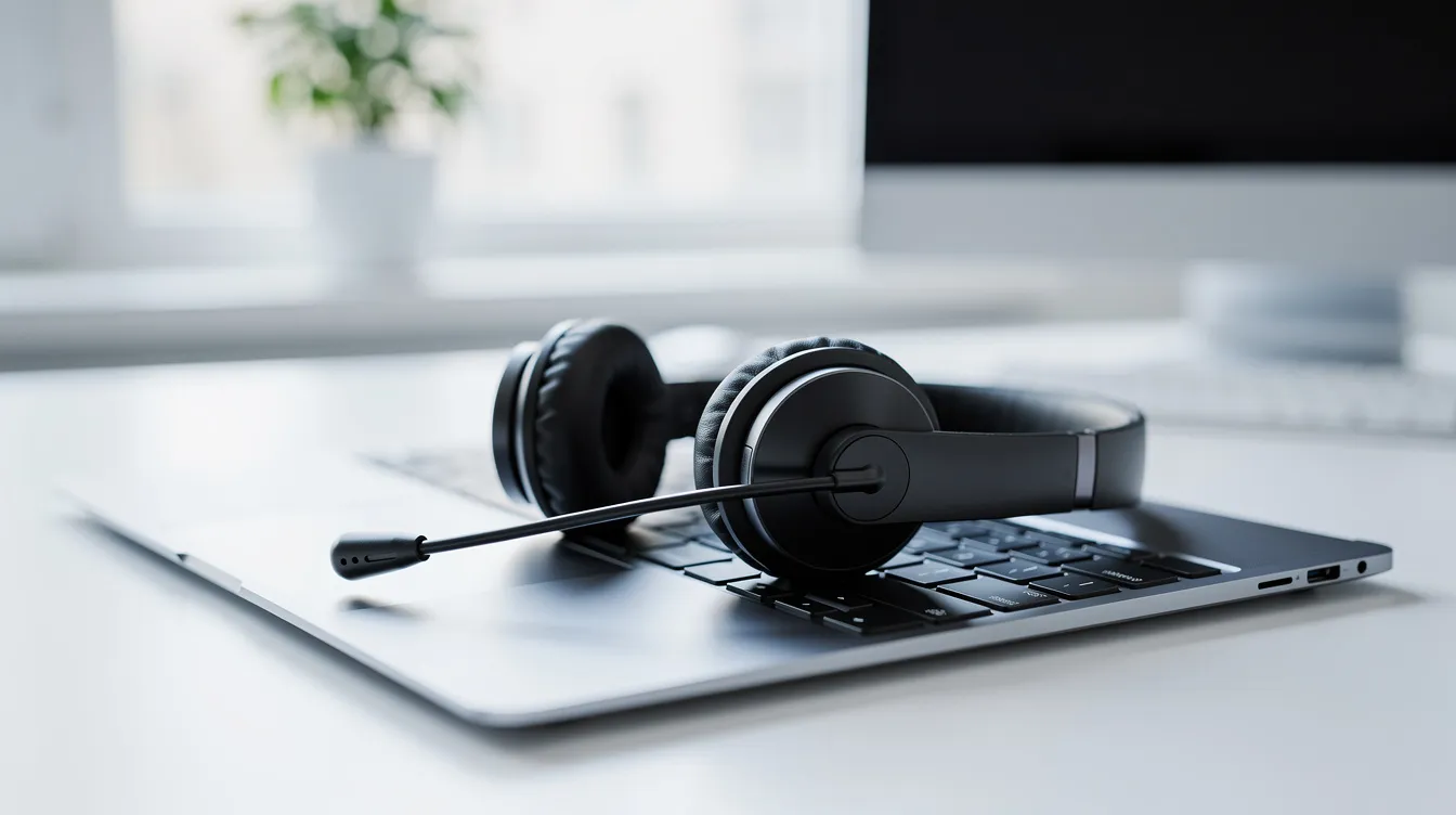 The image shows a customer support headset placed on a laptop keyboard in a tidy office environment, suggesting a professional setting for managing client projects and providing technical support. This setup may be ideal for agencies offering reliable web hosting services and managing multiple client sites efficiently.