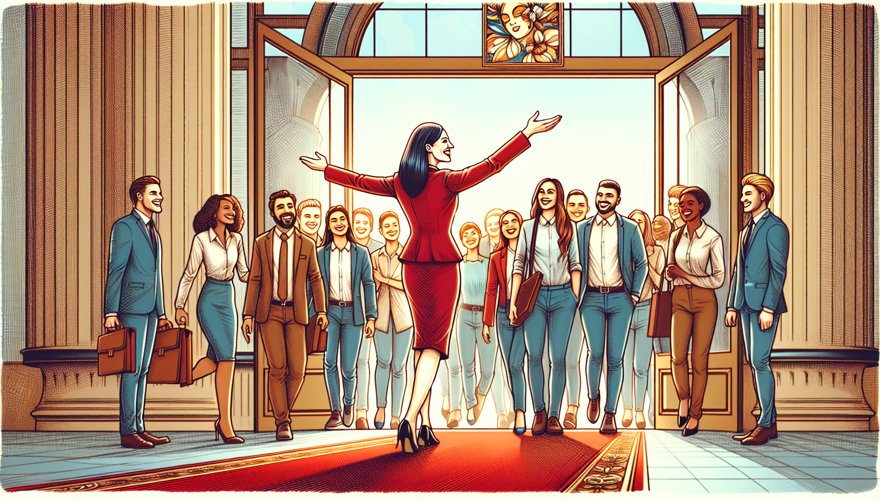 Illustration of a group of diverse employees being welcomed by a company representative