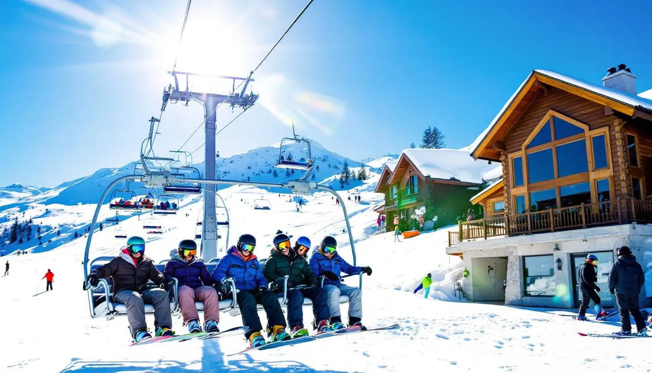 The image shows the main high-speed chairlift at Brian Head Ski Resort, with skiers loading their equipment while the base lodge stands prominently in the background, surrounded by the beautiful winter landscape of Southern Utah. This scene captures the excitement of winter activities and the family-friendly atmosphere at the resort.