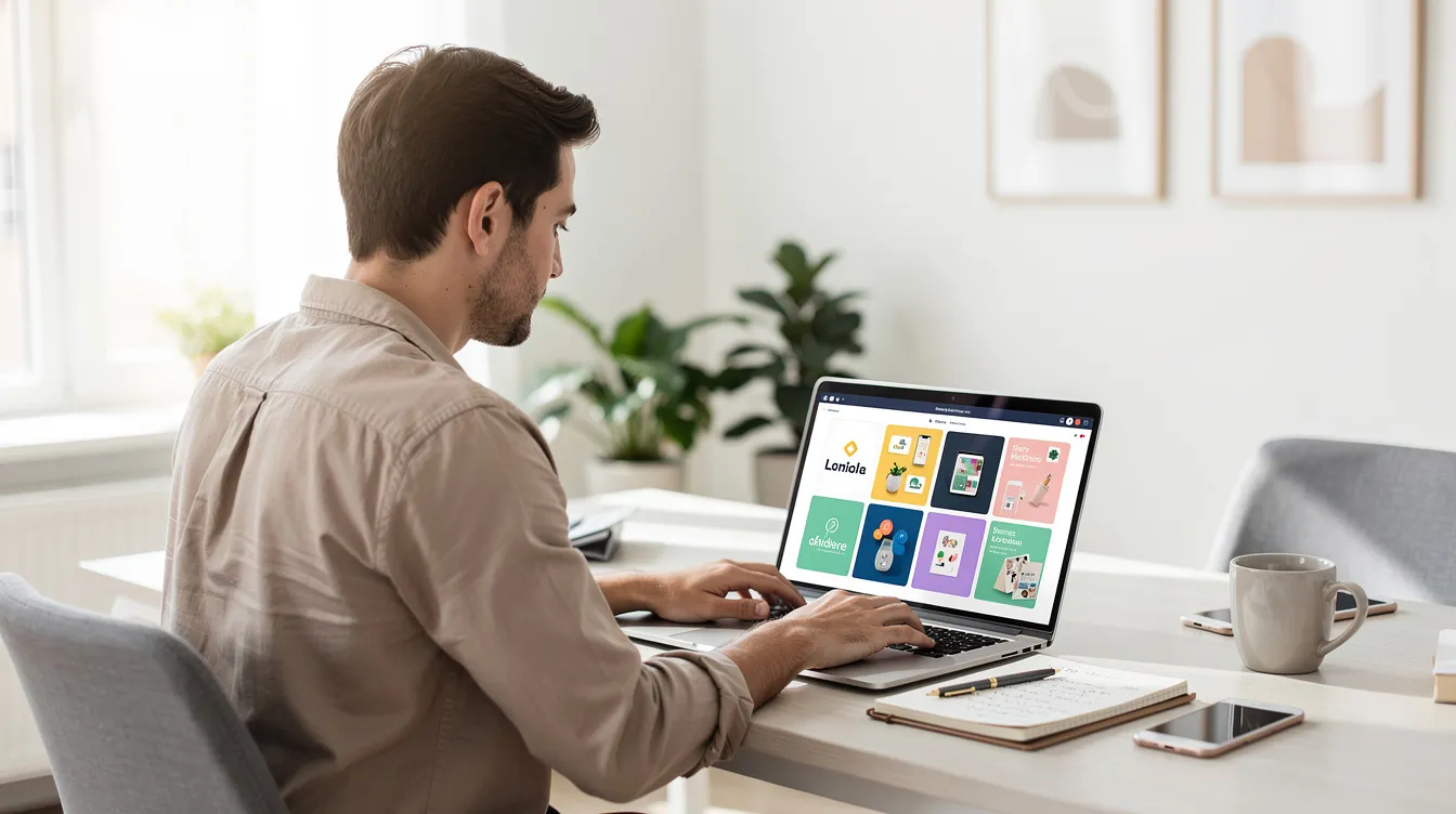 A small business owner is focused on reviewing creative assets on a laptop in a bright workspace, utilizing tools like Adobe Express and Adobe Illustrator to enhance their brand identity through logo design and typography. The environment reflects a modern and professional atmosphere, ideal for fostering creativity and brand consistency.