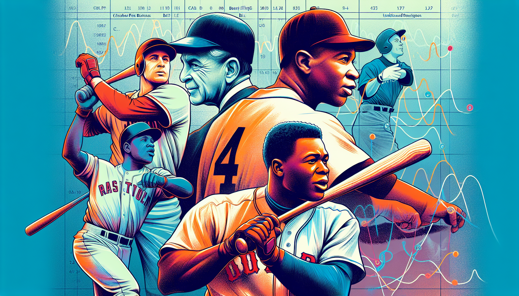 Illustration of baseball legends in action