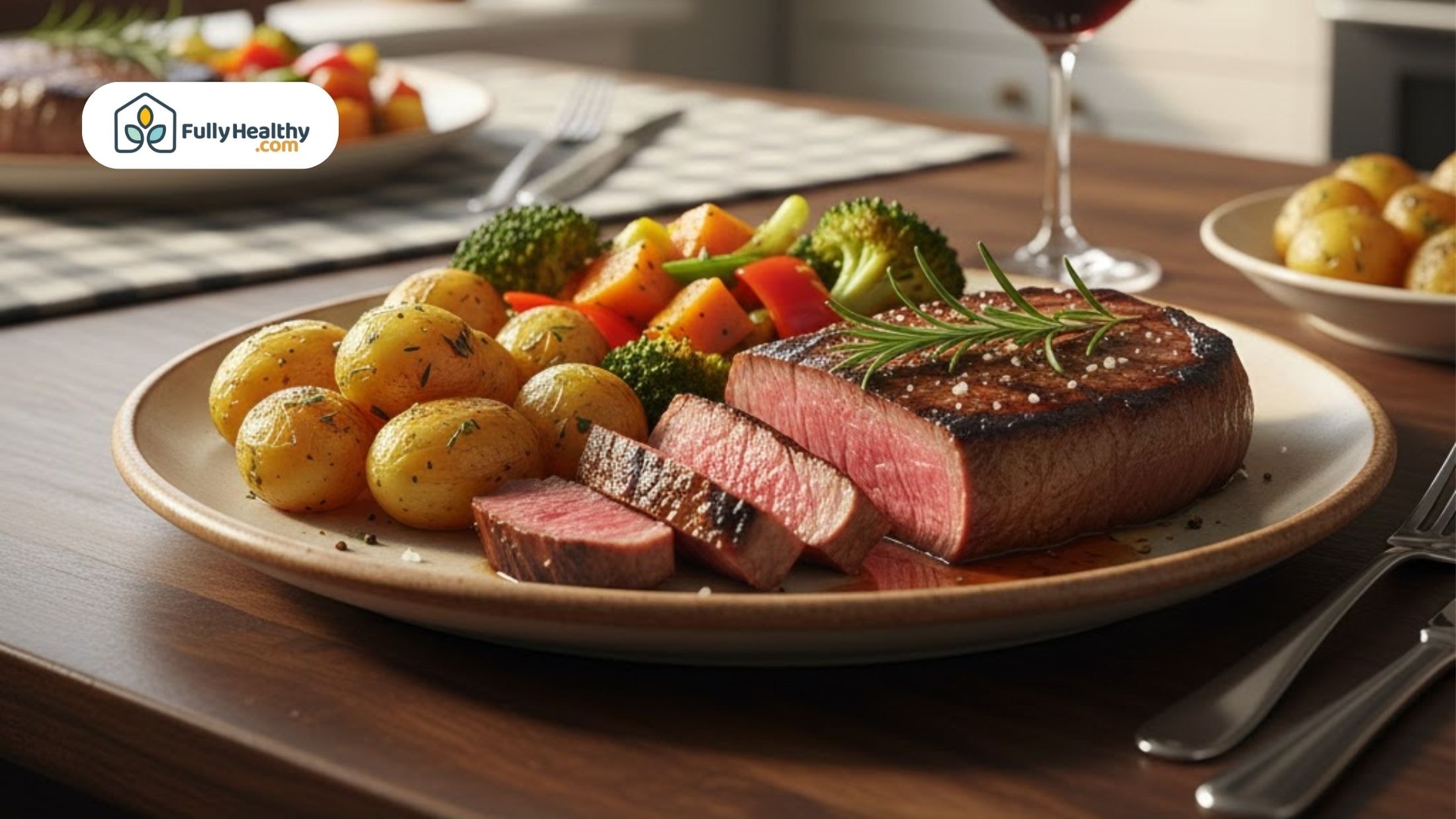 Cooked steak with potatoes, vegetables, and herbs on plate.
