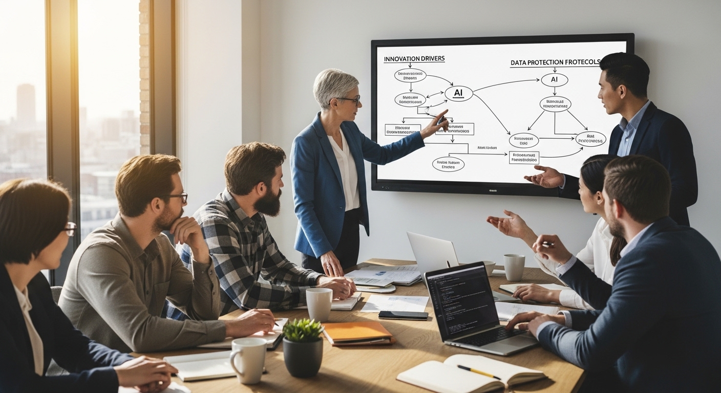 University leadership and IT teams designing AI governance frameworks with balance between innovation and data protection.