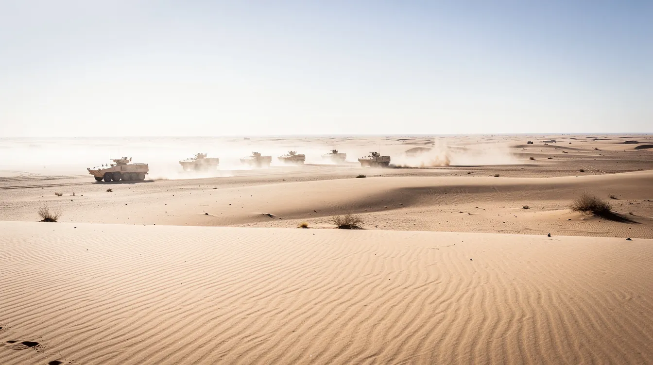 The image depicts a vast desert landscape under a bright sun, with military vehicles visible in the distance, reflecting the resilience and commitment of the United States Marine Corps during challenging deployments. The scene captures the essence of duty and growth in a military context, evoking a sense of honor and progress.
