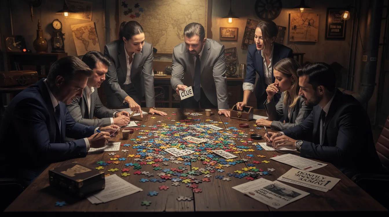 A group of professionals is engaged in team collaboration around a table filled with colorful puzzle pieces and clues, set in a dimly lit themed room that enhances the atmosphere of teamwork and problem-solving. This scene captures the essence of team building activities, as they work together to strengthen their communication and build a cohesive unit.