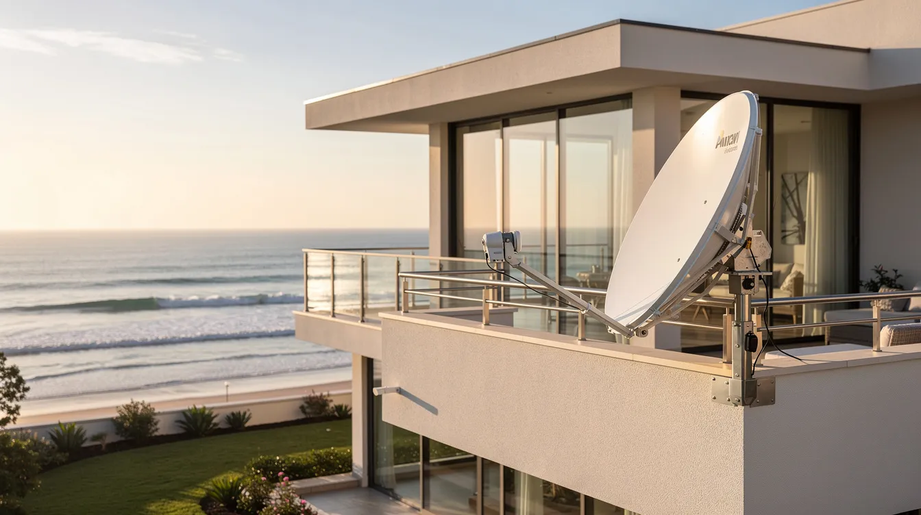 A satellite dish is professionally installed on a coastal residential property, offering stunning ocean views. This installation showcases reliable dstv services, ensuring maximum performance for entertainment needs in Big Bay.