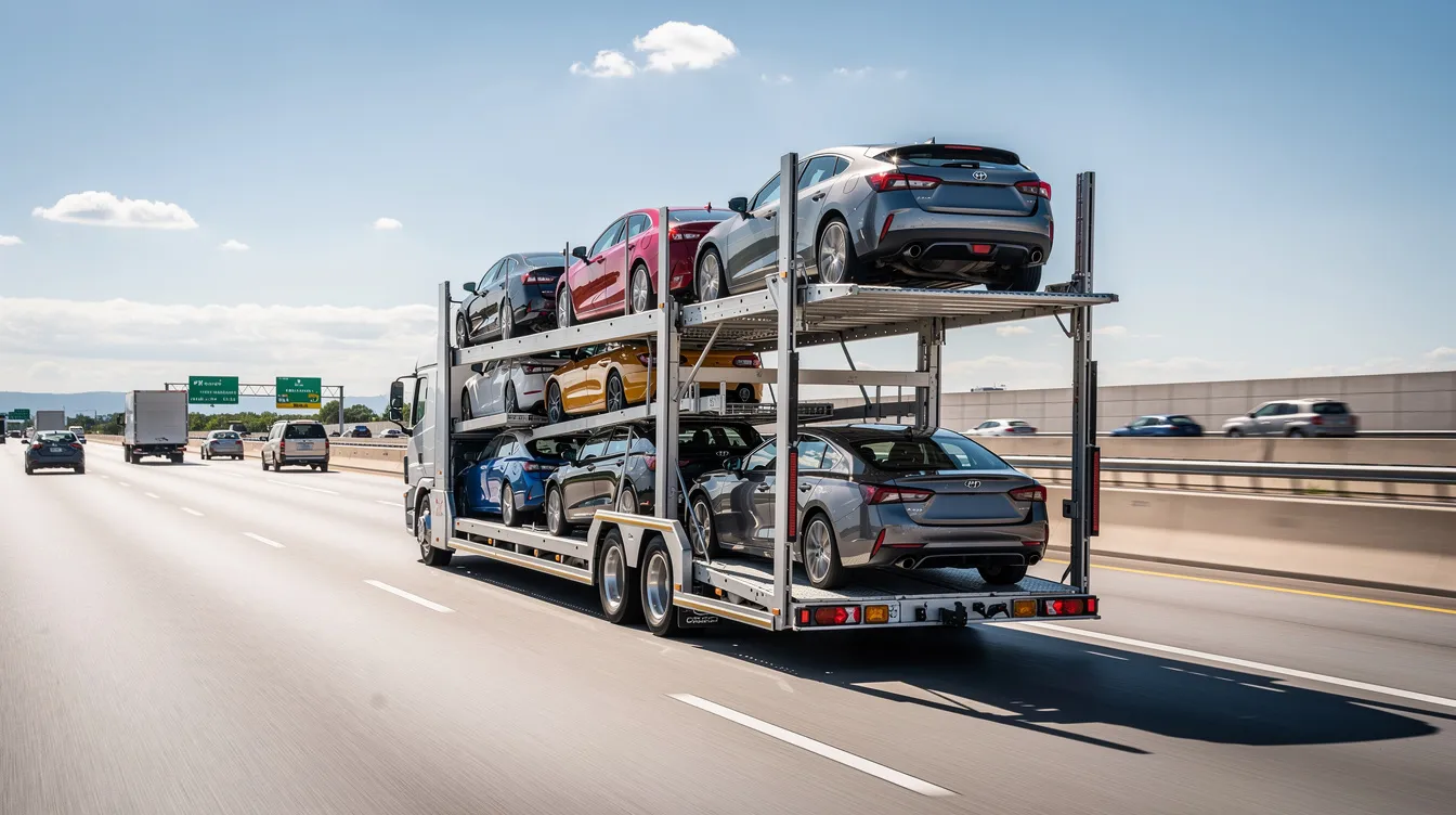 A large car hauler truck is seen loaded with various vehicles, traveling on a multi-lane highway under a clear blue sky during the day. This scene exemplifies the auto transport industry, showcasing expedited car shipping services for transporting multiple vehicles efficiently.