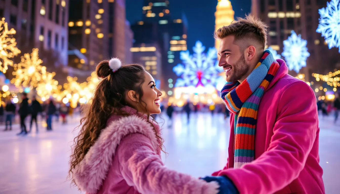 Couples ice skating at Rockefeller Center, a classic NYC date idea.
