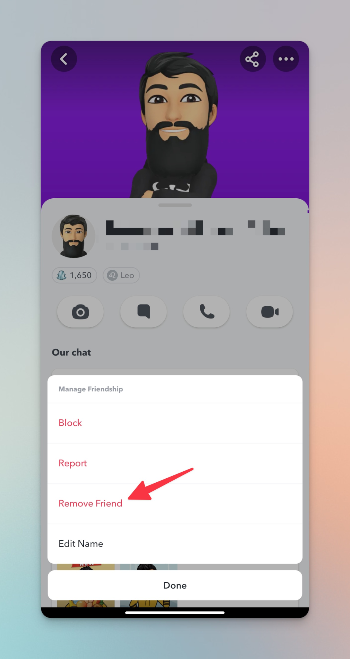 Remote.tools is pointing to Remove Friend button. Tap on it to unfriend the profile owner on Snapchat. You will need to confirm your action in the next step.
