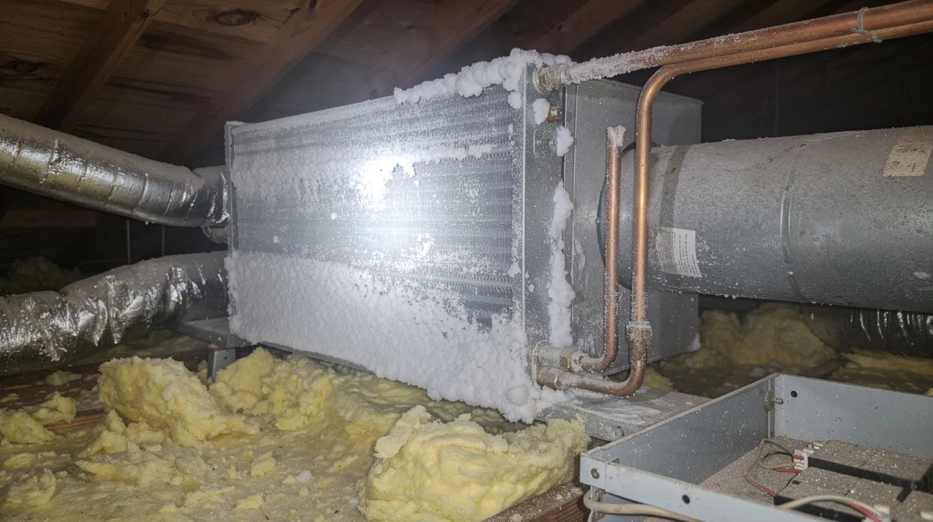 The image shows a frozen indoor evaporator coil located inside an attic HVAC system, indicating a potential issue with the air conditioning unit that may require air conditioning repair. The frozen coil can block airflow, affecting the performance of the AC system and its ability to blow cold air efficiently.