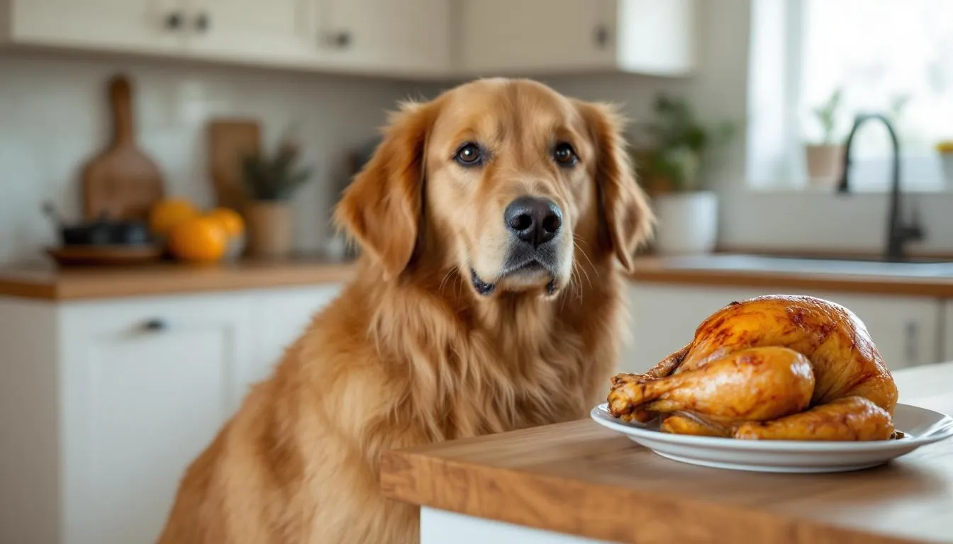 A golden retriever sits patiently beside a kitchen counter, gazing at a cooked turkey placed on the surface. This scene highlights the dog