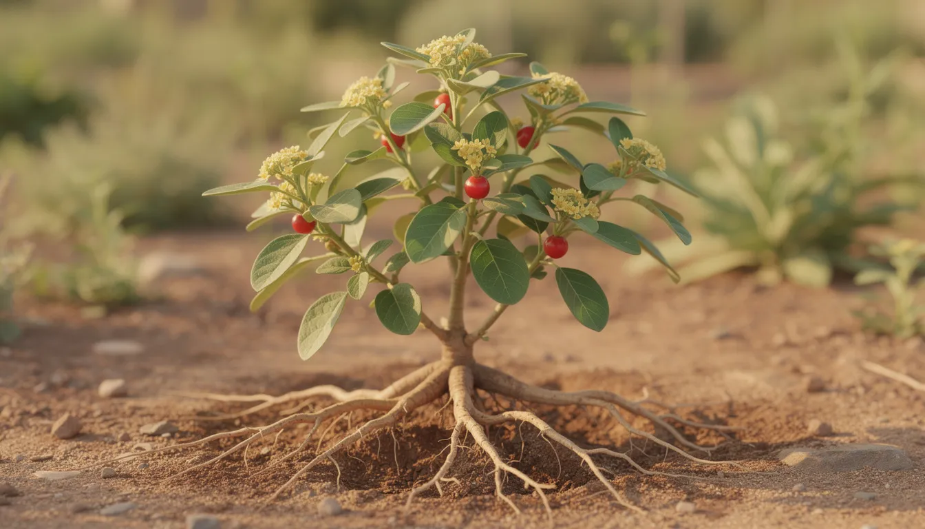 The image depicts the ashwagandha plant, featuring its distinct roots and lush green leaves, set in a natural environment. Known for its health benefits, ashwagandha (withania somnifera) is often used in ayurvedic medicine to help manage chronic stress and anxiety.