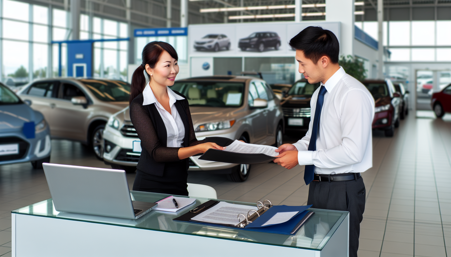 Person submitting paperwork at a dealership
