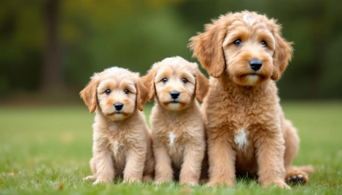 A mini Goldendoodle puppy stands next to an adult standard Goldendoodle, showcasing the size difference between the two. The adult Goldendoodle, with its fluffy coat, appears significantly larger, highlighting the varying sizes within the breed, which includes both mini and standard varieties.