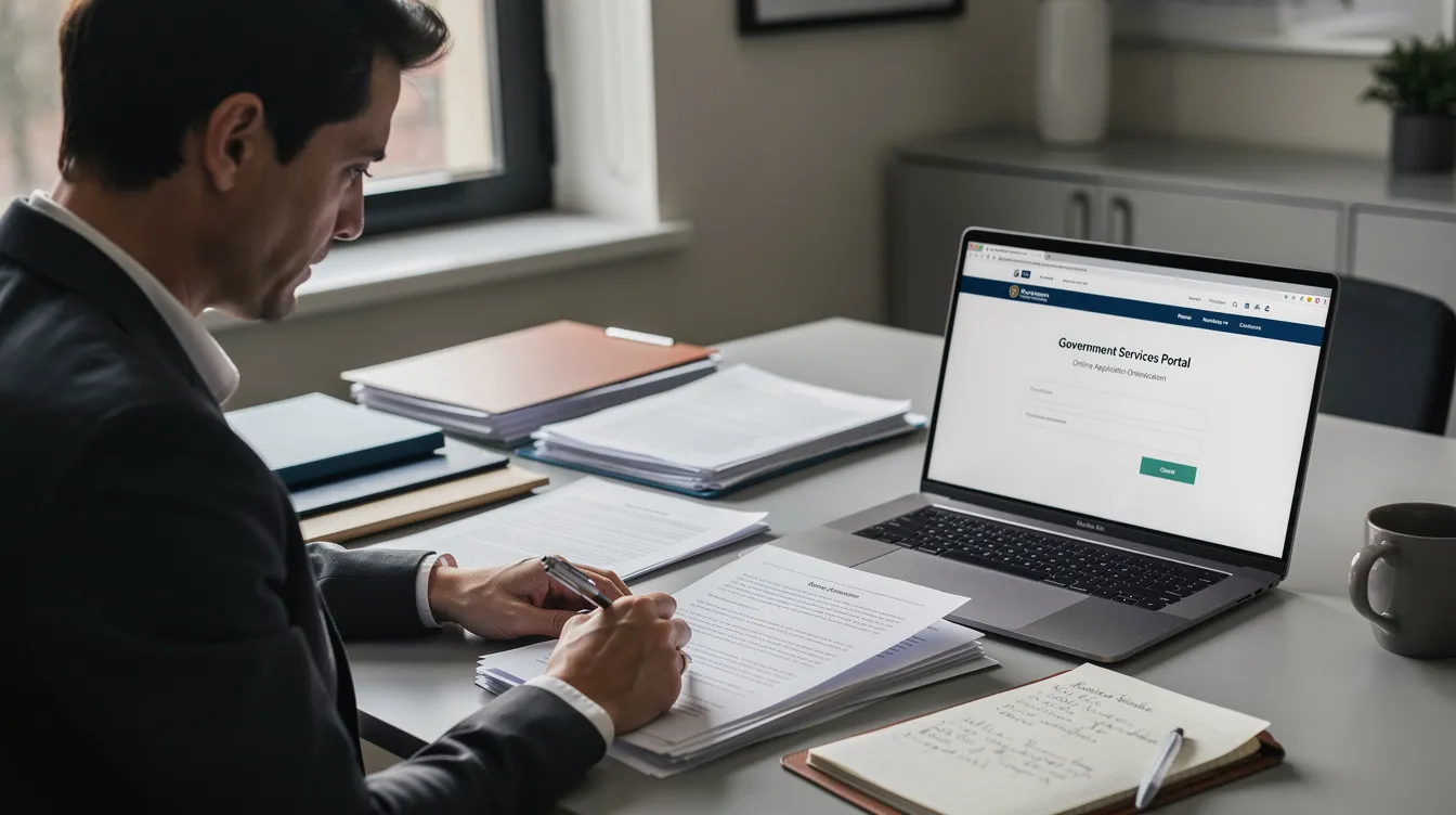 A person is sitting at a desk, reviewing various paperwork and documents while a laptop displays a government website related to visa applications. The scene suggests they are gathering information about visa fees and types, possibly for a business or tourism trip.