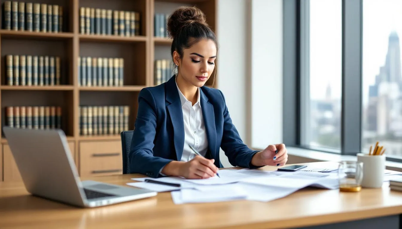 A lawyer is seated at a desk in a law office, reviewing legal documents related to an emergency custody order, with a focused expression as they prepare for an upcoming custody hearing. The atmosphere conveys a sense of urgency and professionalism, highlighting the importance of the child's safety and well-being in custody cases.