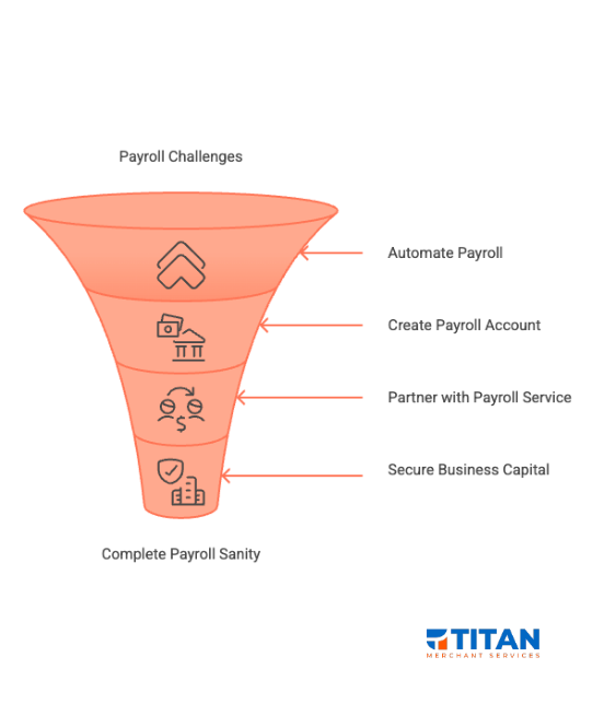 Infographic showing payroll challenges and how to tackle them with automation, creating a payroll account, partnering with a payroll service, securing business capital.