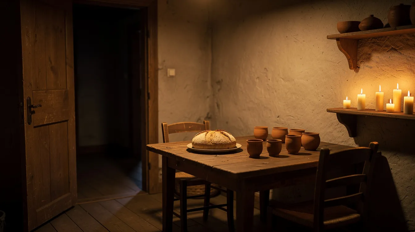The image depicts a warm, candlelit room with an open door, creating an inviting atmosphere for welcoming guests. A simple table is set with bread and cups, embodying the spirit of generous hospitality often celebrated in the early church and the teachings of Christ.