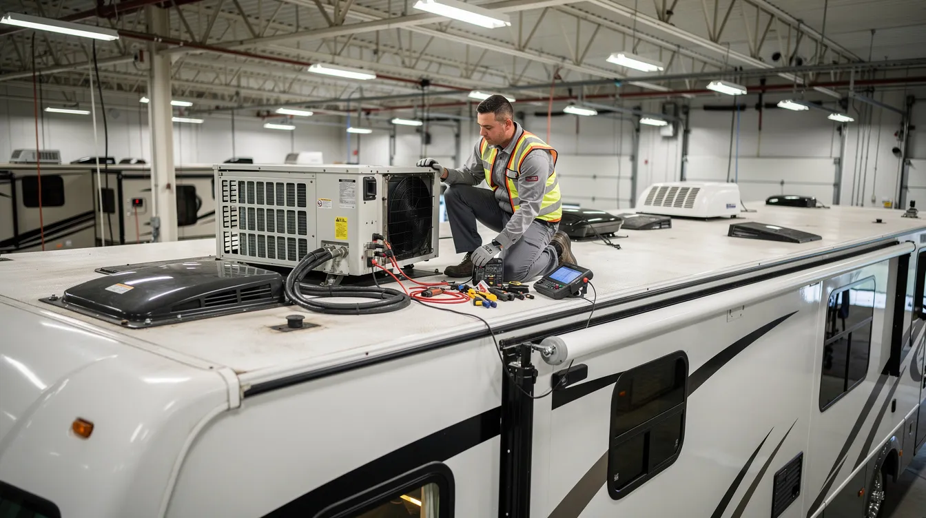 An RV service technician is inspecting the equipment on the roof of a large fifth wheel trailer inside a maintenance bay at an RV dealership. The technician is focused on ensuring the proper functionality of the RV's systems, highlighting the importance of regular maintenance for a satisfying adventure on the road.