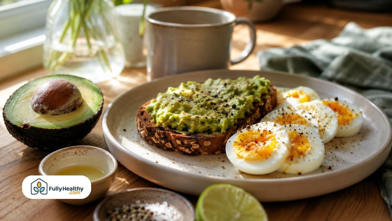 Avocado toast with boiled eggs and lime on healthy breakfast plate