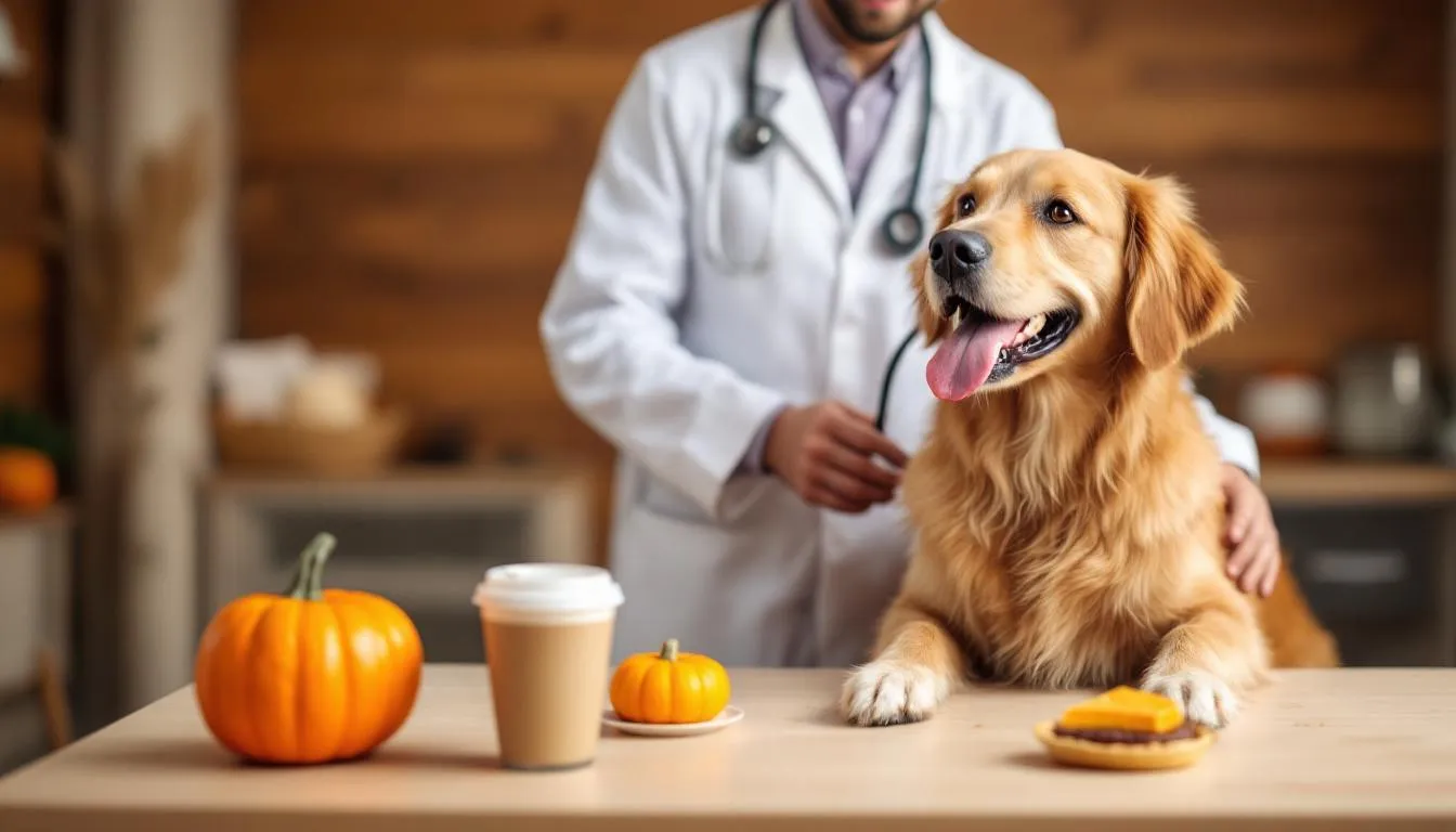 A veterinarian is examining a cheerful dog, while various pumpkin products, including plain canned pumpkin and pumpkin pie filling, are displayed on the examination table, highlighting the potential health benefits of adding pumpkin to a dog