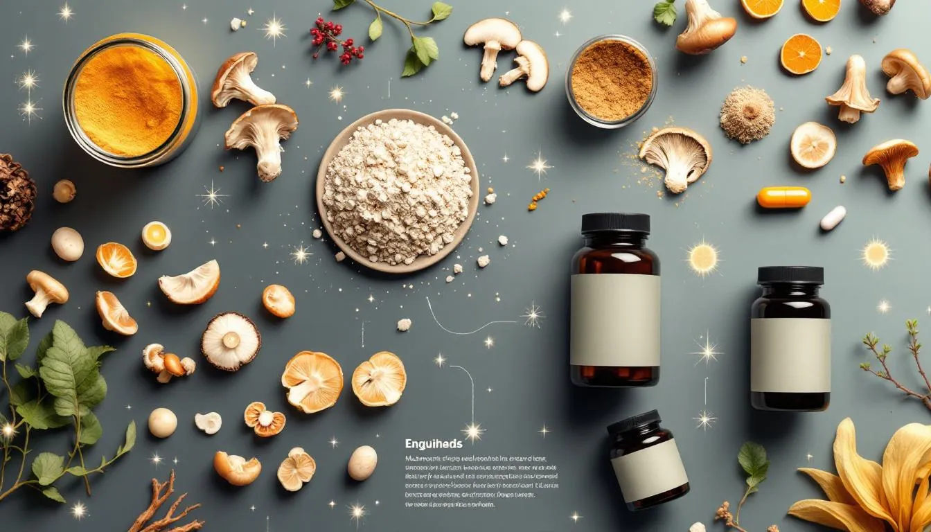 Different forms of mushroom supplements including powders and capsules.