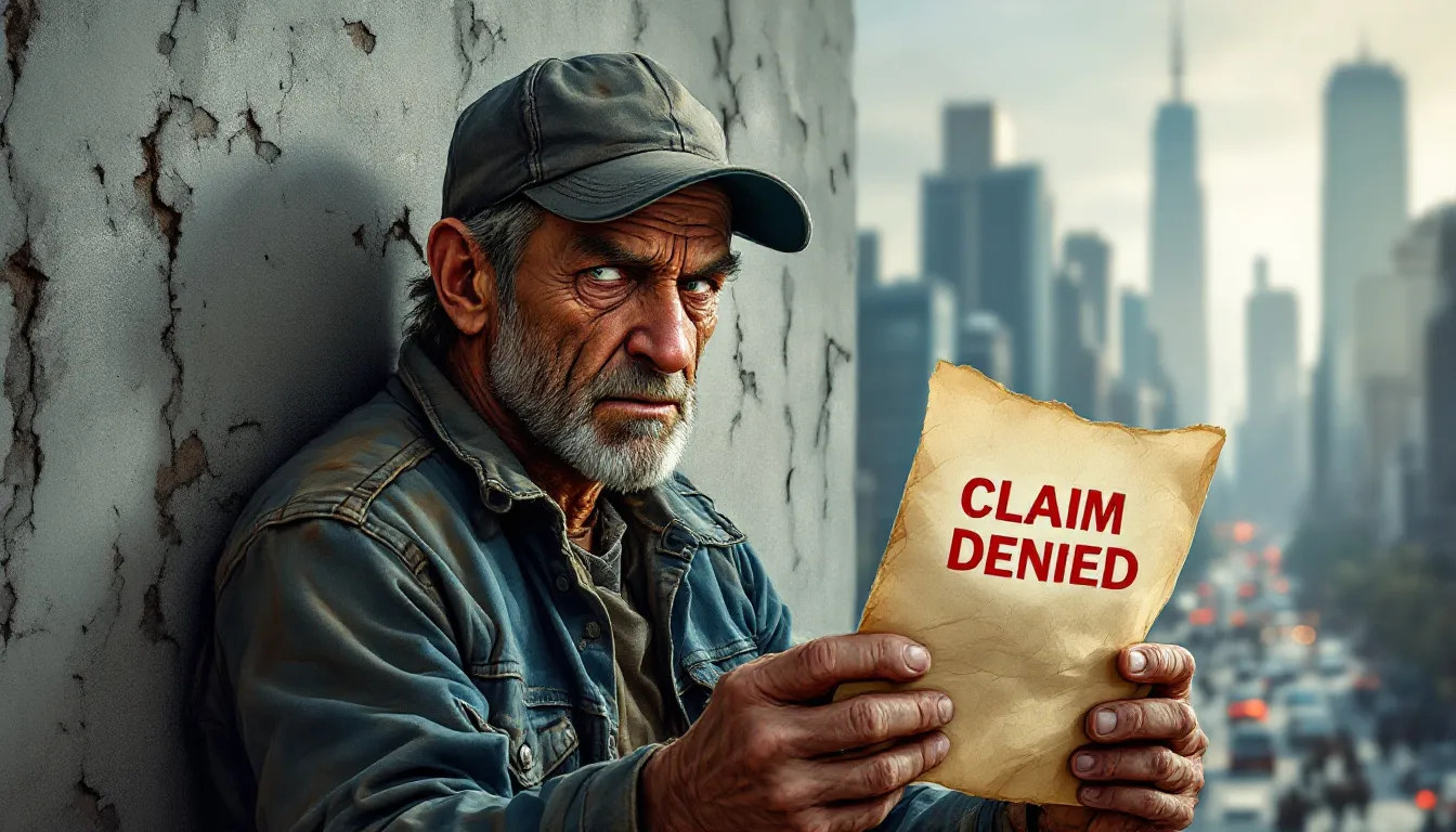 An illustration depicting an injured worker looking at a denied workers comp claim letter.