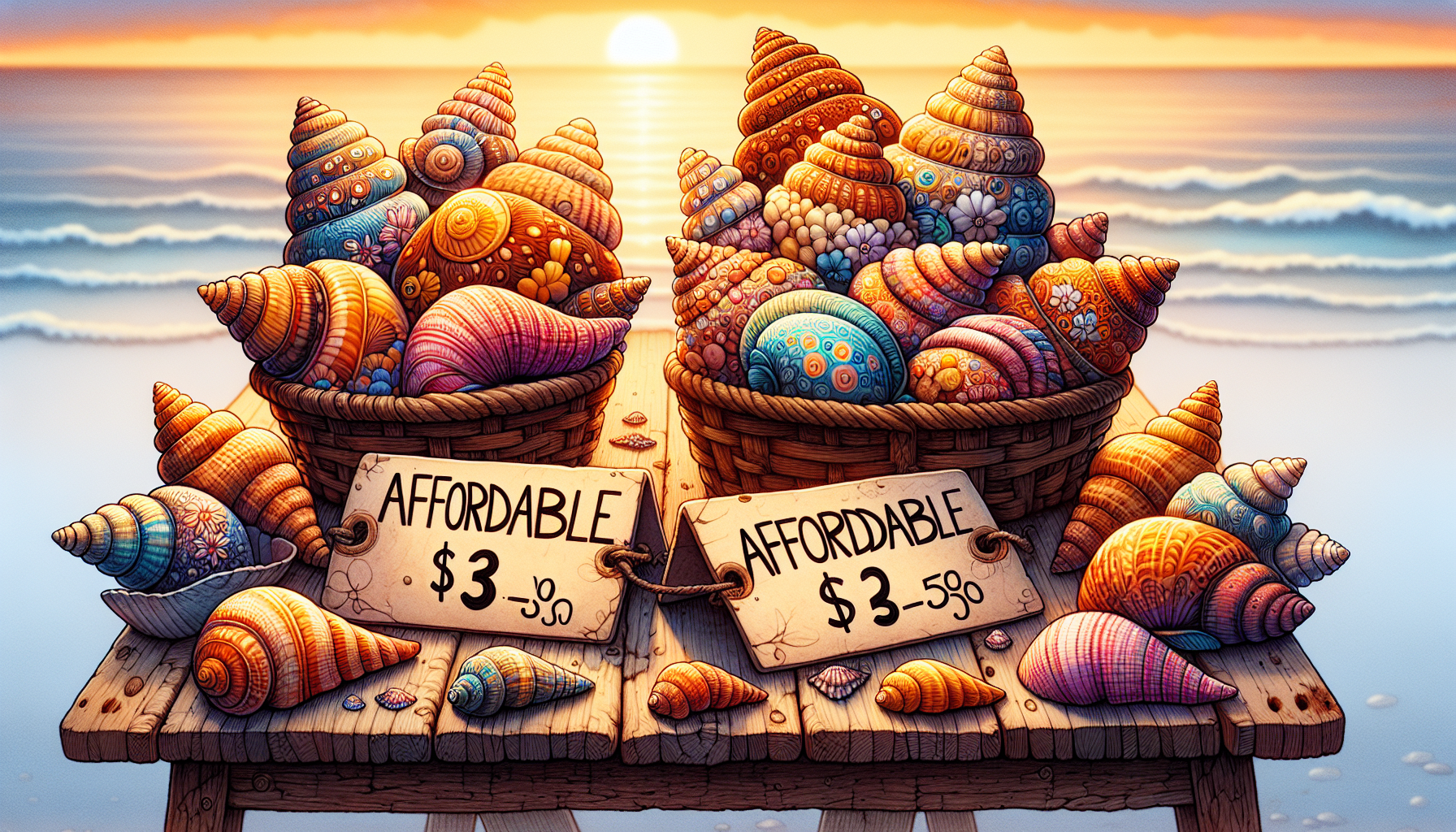 Large Sea Shells Wholesale | Whimsical illustration of affordable large seashells with price tags