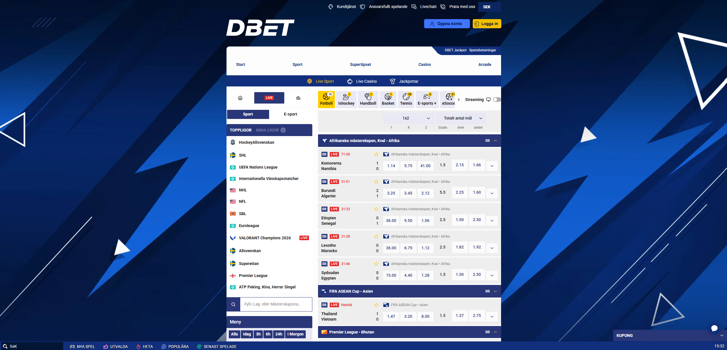 Livebetting hos DBET med pågående matcher, aktuella odds och filtrering mellan olika sporter.