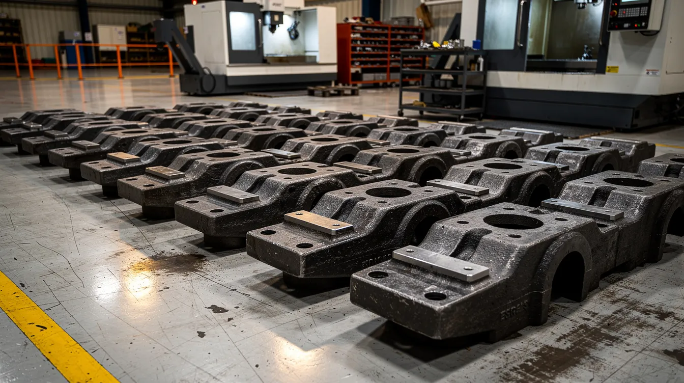 The image shows heavy industrial ductile iron castings arranged neatly on a factory floor, ready for machining. These castings, made from high-strength ductile iron, are designed for various industrial applications, showcasing their unique microstructure and excellent mechanical properties.