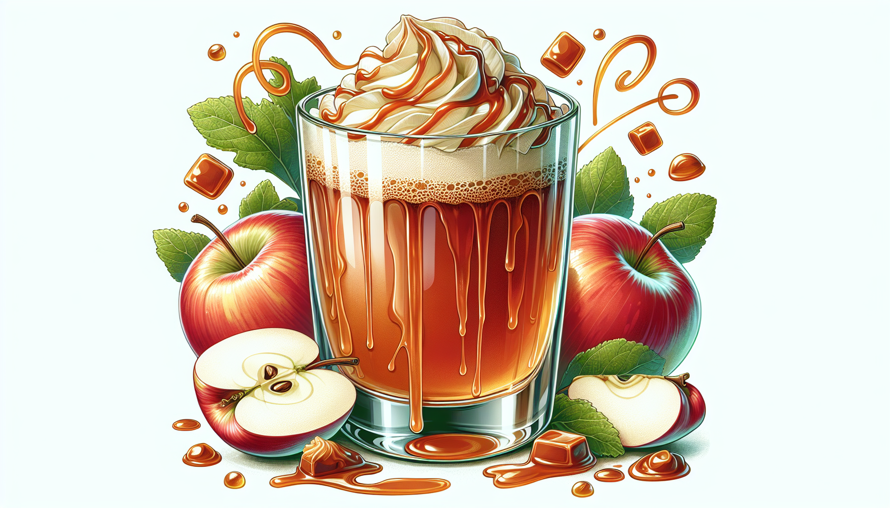 Caramel apple cider drink with caramel drizzle.