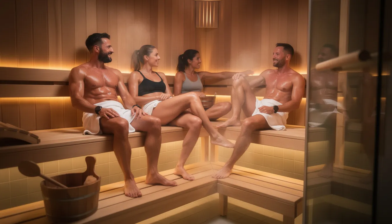 The image depicts competitive male runners relaxing in a heated sauna, benefiting from post-exercise sauna bathing to enhance recovery and endurance performance. The warm environment promotes blood flow and helps alleviate muscle soreness, contributing to their overall training plan and athletic performance.