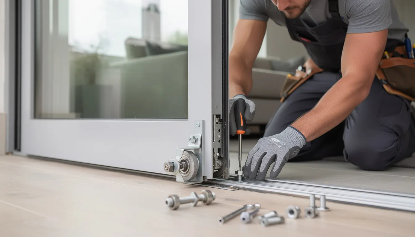 A technician is seen repairing the sliding door rollers on a residential aluminum door, showcasing the intricate details of the aluminum joinery. The scene emphasizes the professional work involved in maintaining windows and doors in homes, particularly in areas like Te Awamutu.