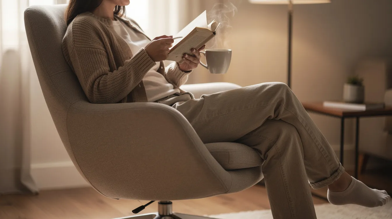 Een persoon zit ontspannen in een draaifauteuil met zachte bekleding, terwijl hij een boek leest en geniet van een kop koffie. De draaibare fauteuil, met zijn strakke lijnen en stijlvolle toevoeging aan het interieur, biedt extra zitcomfort en flexibiliteit.