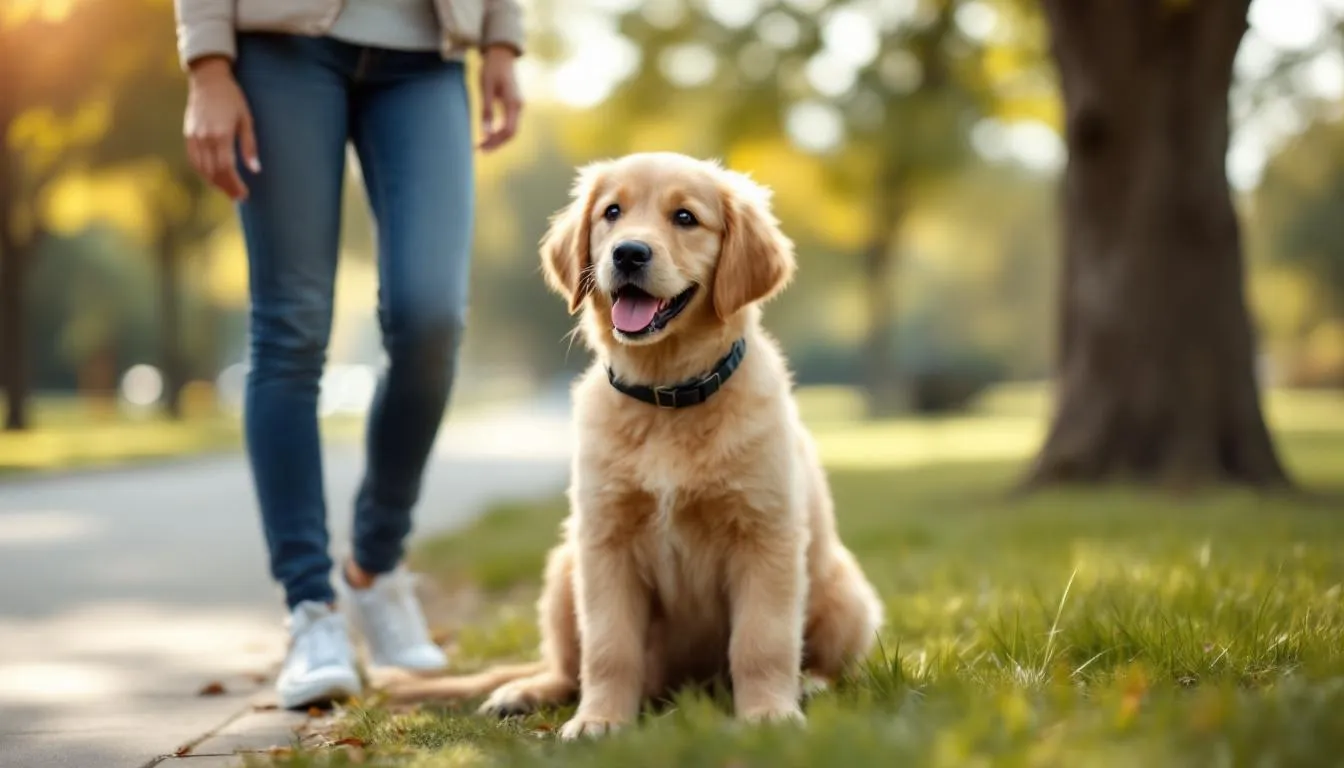 A well-trained puppy sits calmly beside their owner during a walk break, showcasing good behavior while on a short leash. The scene highlights the importance of leash training and positive reinforcement in teaching the puppy to walk without pulling.