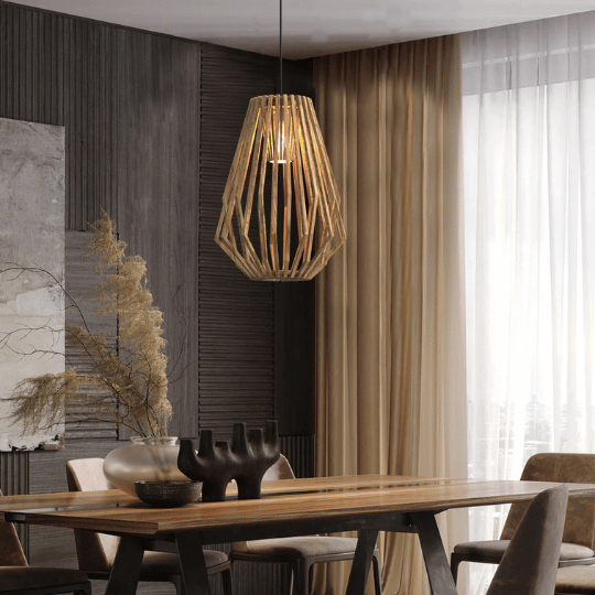 Japandi-style pendant light with a natural wooden woven design, hanging above a wooden dining table in a modern, serene dining space with soft curtains and minimalist décor.